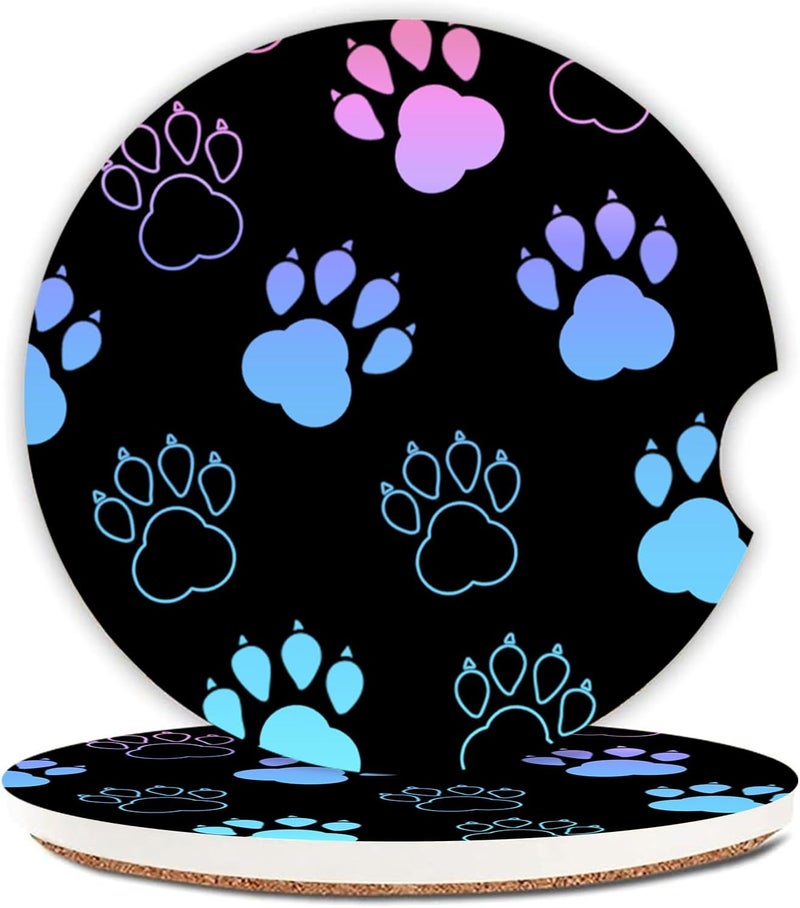 Adastrah 2 Pack Absorbent Car Coasters for Cup Holders,Ceramic Coasters with Cork Back and Finger Slot, Auto Accessories for Women & Men,2.56"(Gradient Black Dog paw Print) - Image 1